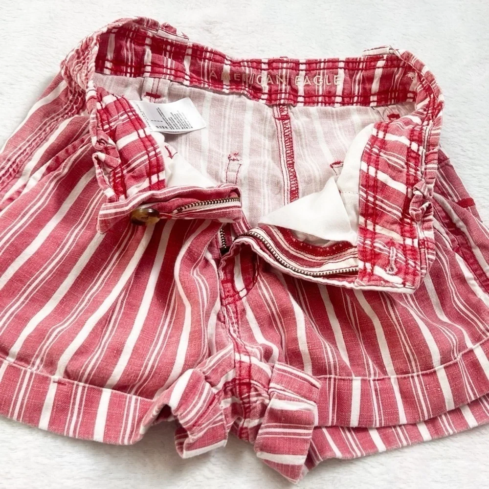 American Eagle Linen Blend Paper Bag Striped High Rise Shorts Red White Size 2